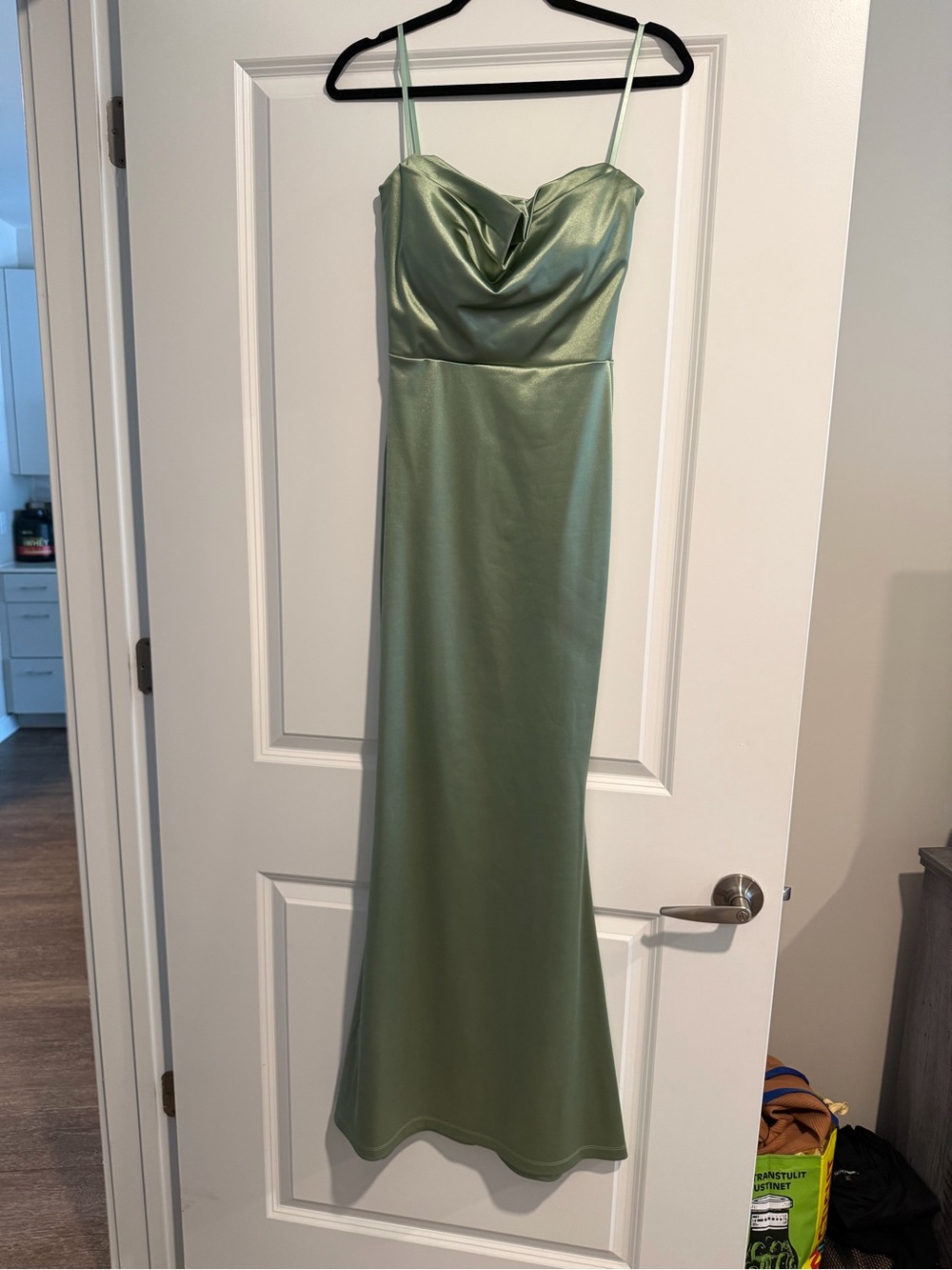 Windsor Satin Maxi Dress in Sage Green strapless